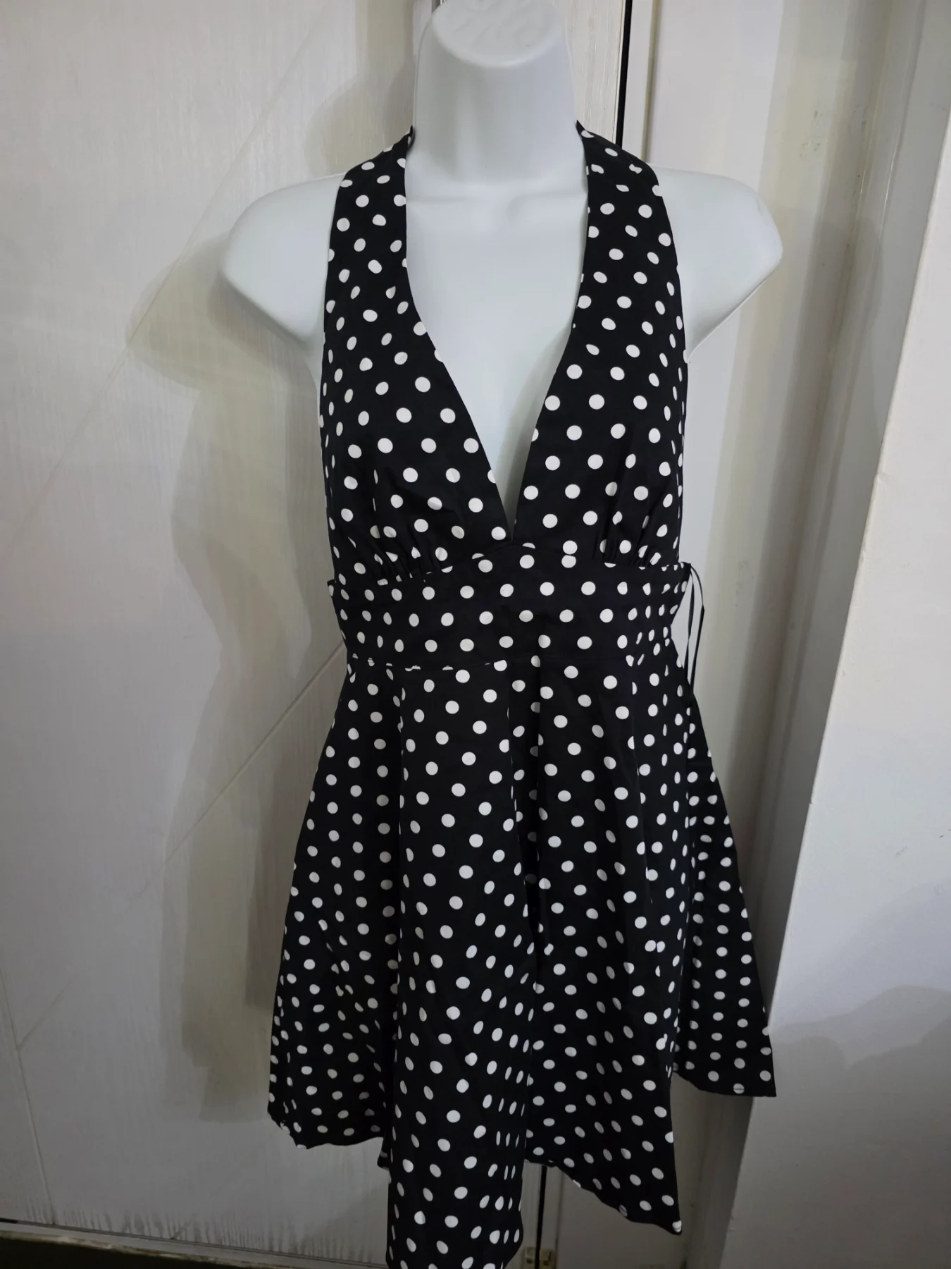 Cider Cotton-blend Polka Dot Backless Halterneck Flared Mini Dress Size S
