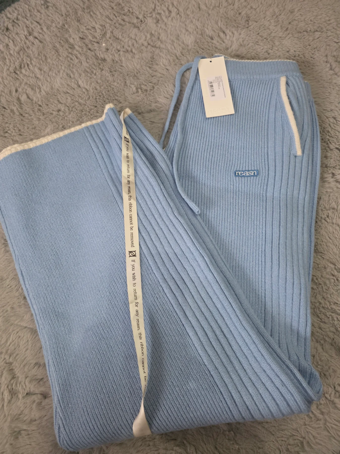 Reasn Clothing Contrast Tipping High Waist Knitted Trousers Blue UK 14/16 Tall