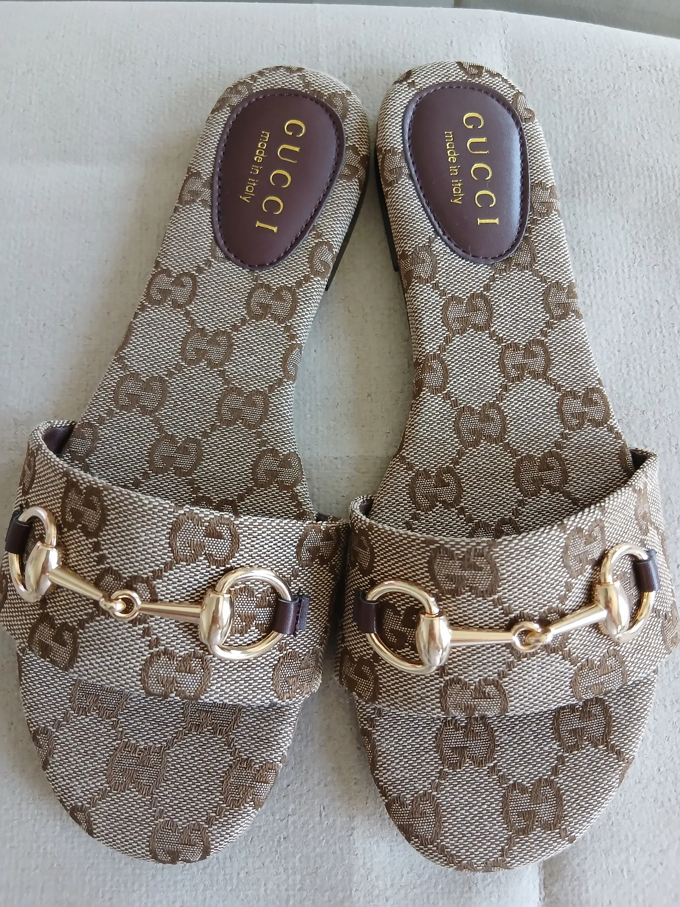 Slip-on slides with patterned fabric and metal detail - EU39 - UK6