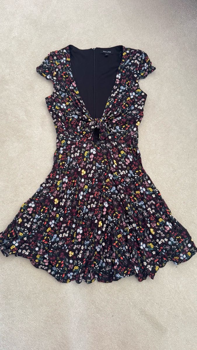 New Look Black Floral Mini Dress UK 6 | Tie Front Tea Dress