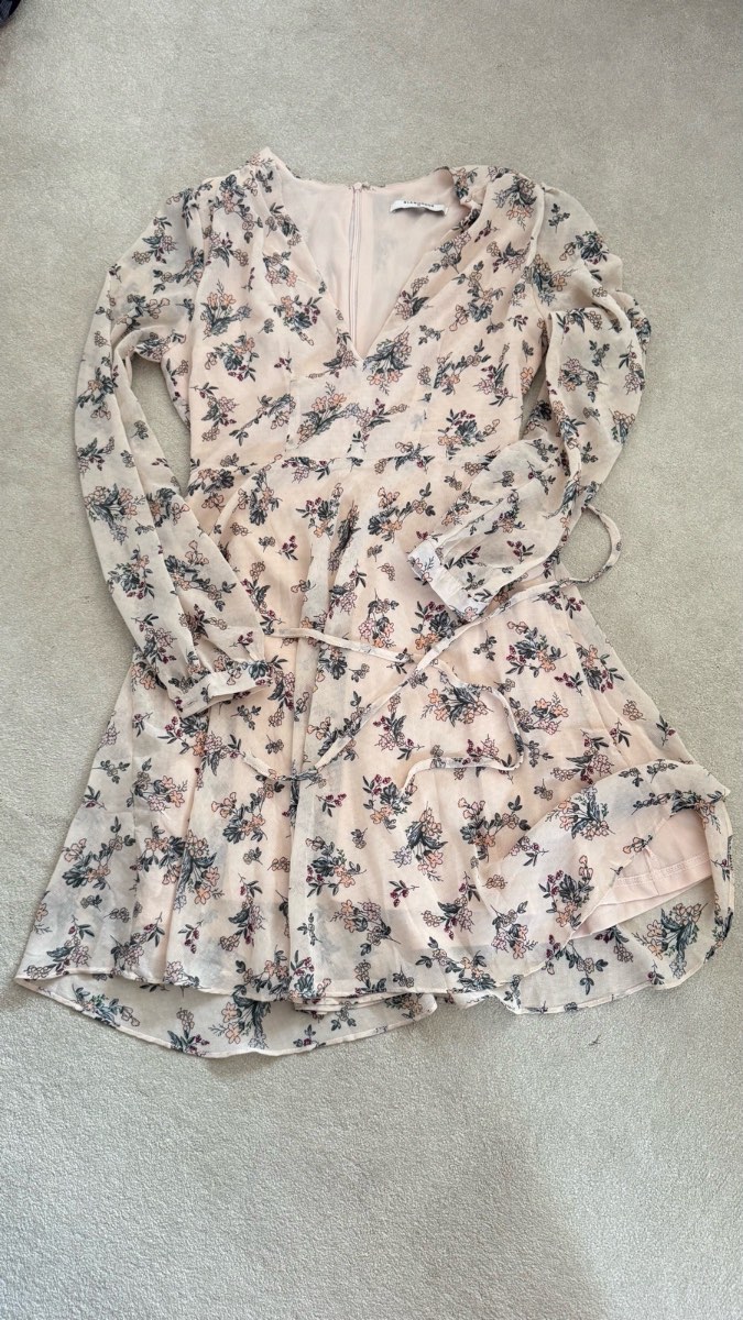 Glamorous Floral Skater Dress XS | Beige Long Sleeve Tea Dress