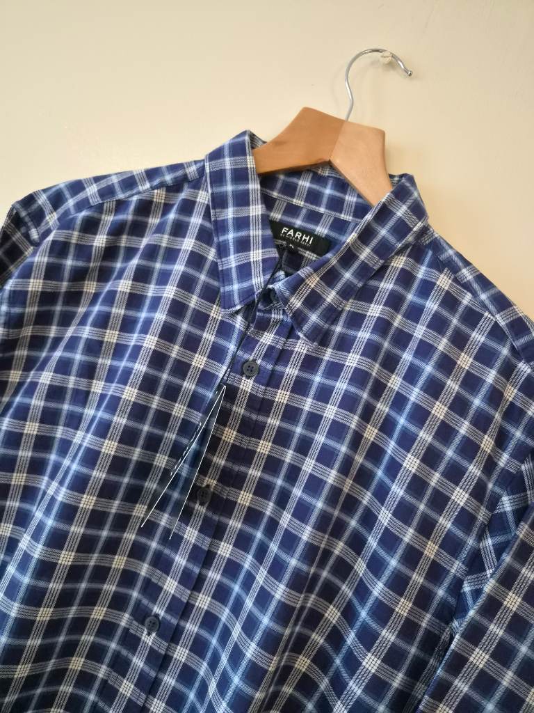 Farhi by Nicole Farhi Mens Blue Plaid Long Sleeve 100% Cotton Thick Shirt - Size XL