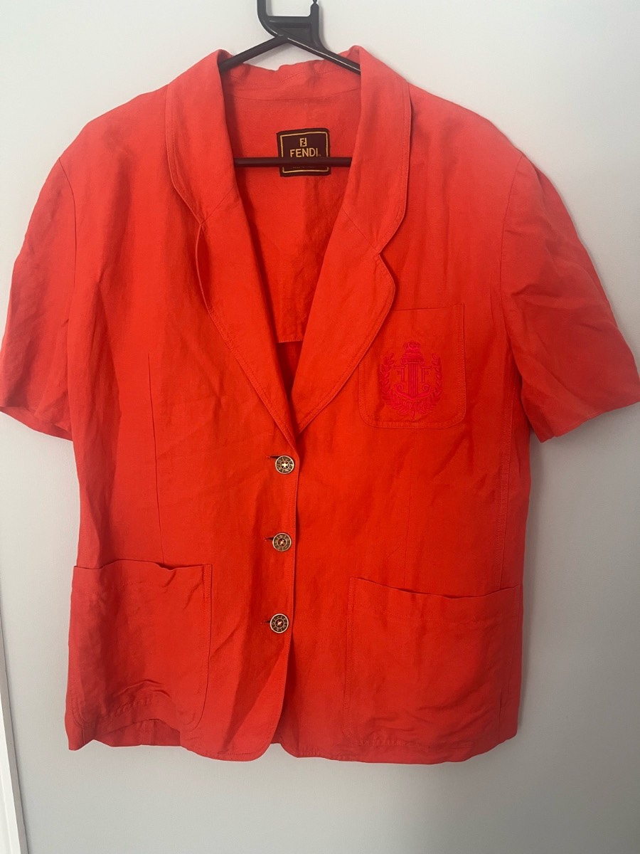 Vintage FENDI Country Red Linen Short Sleeve Blazer Jacket Made in Italy M-L