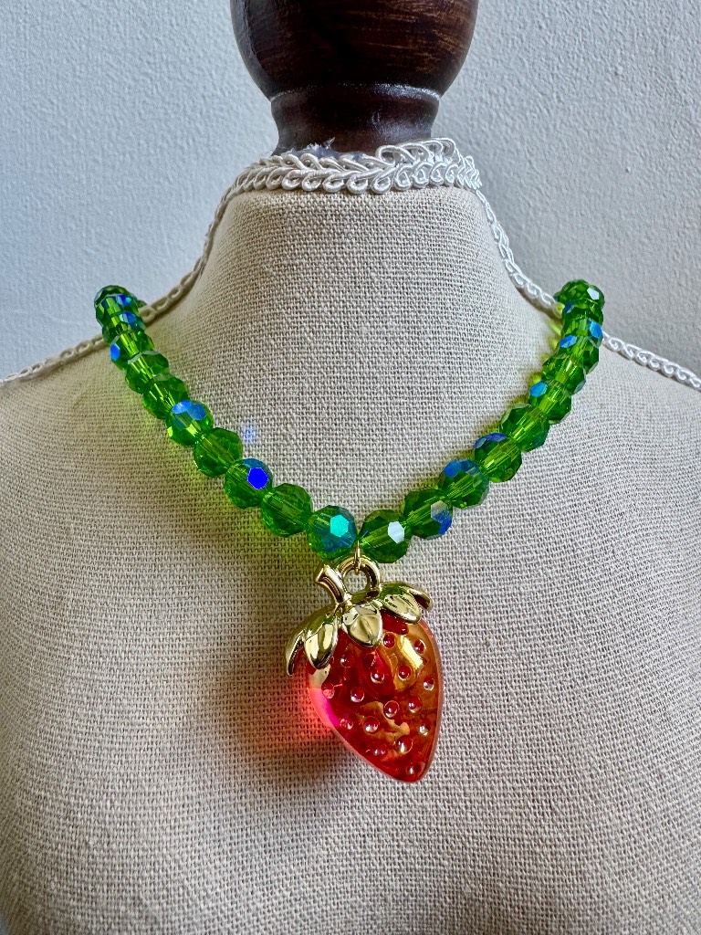 Green beaded strawberry necklace