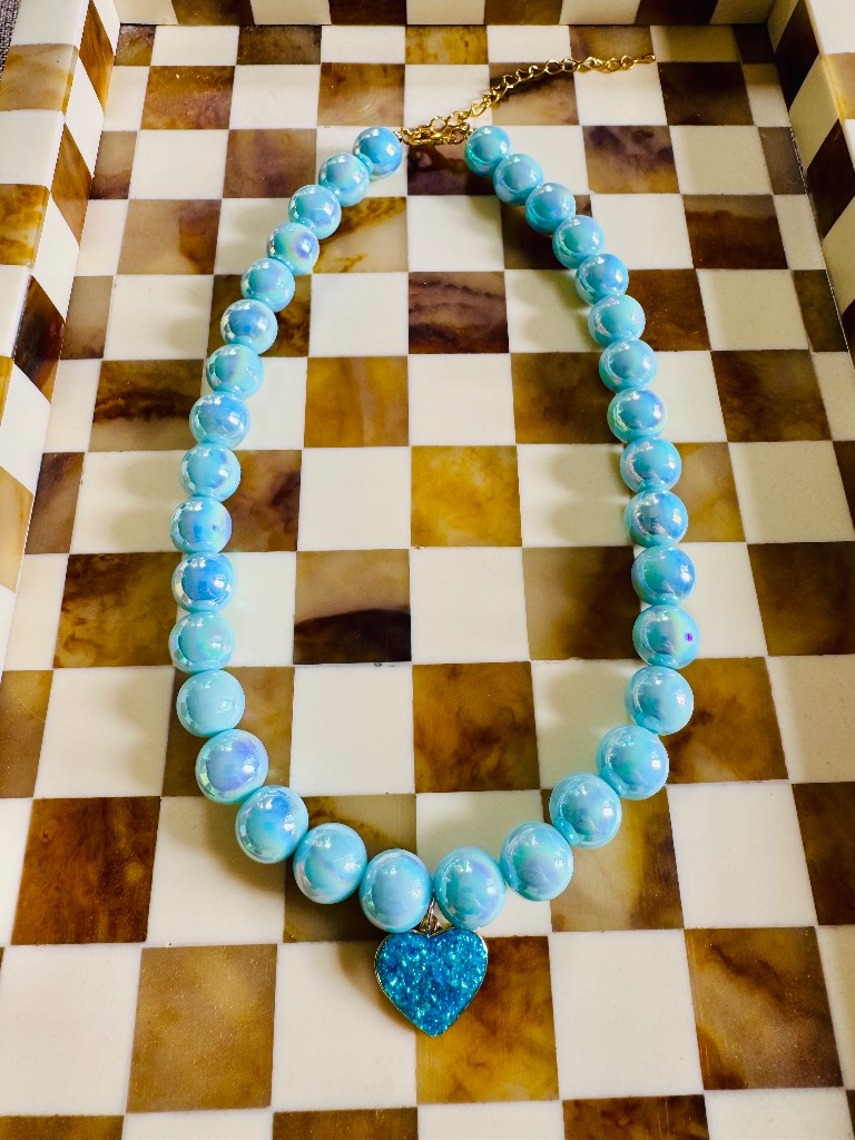 Blue Heart Necklace - 12mm Beads