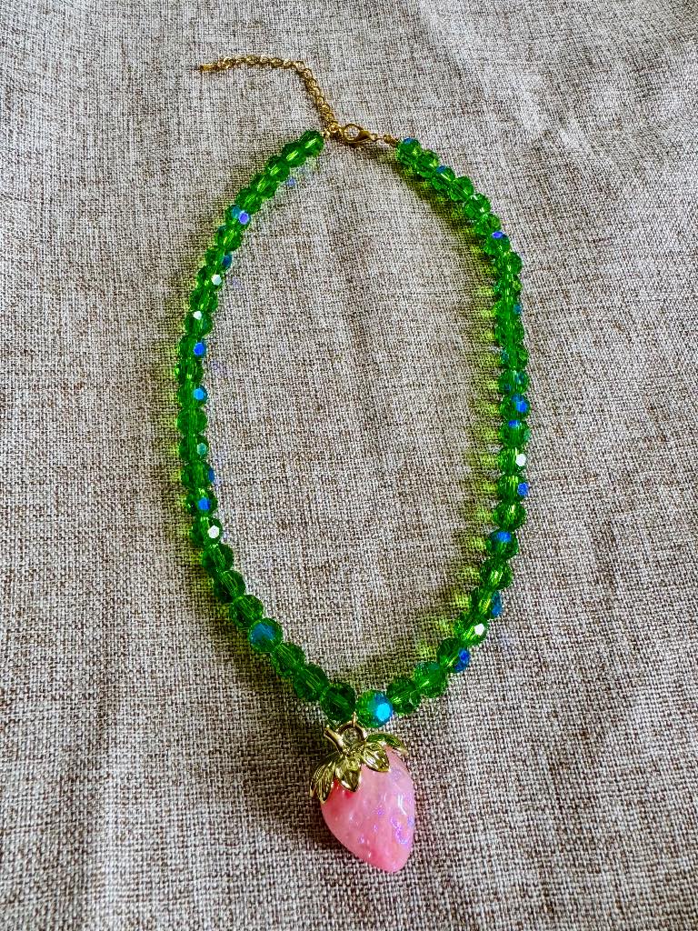 Pink strawberry green beaded necklace
