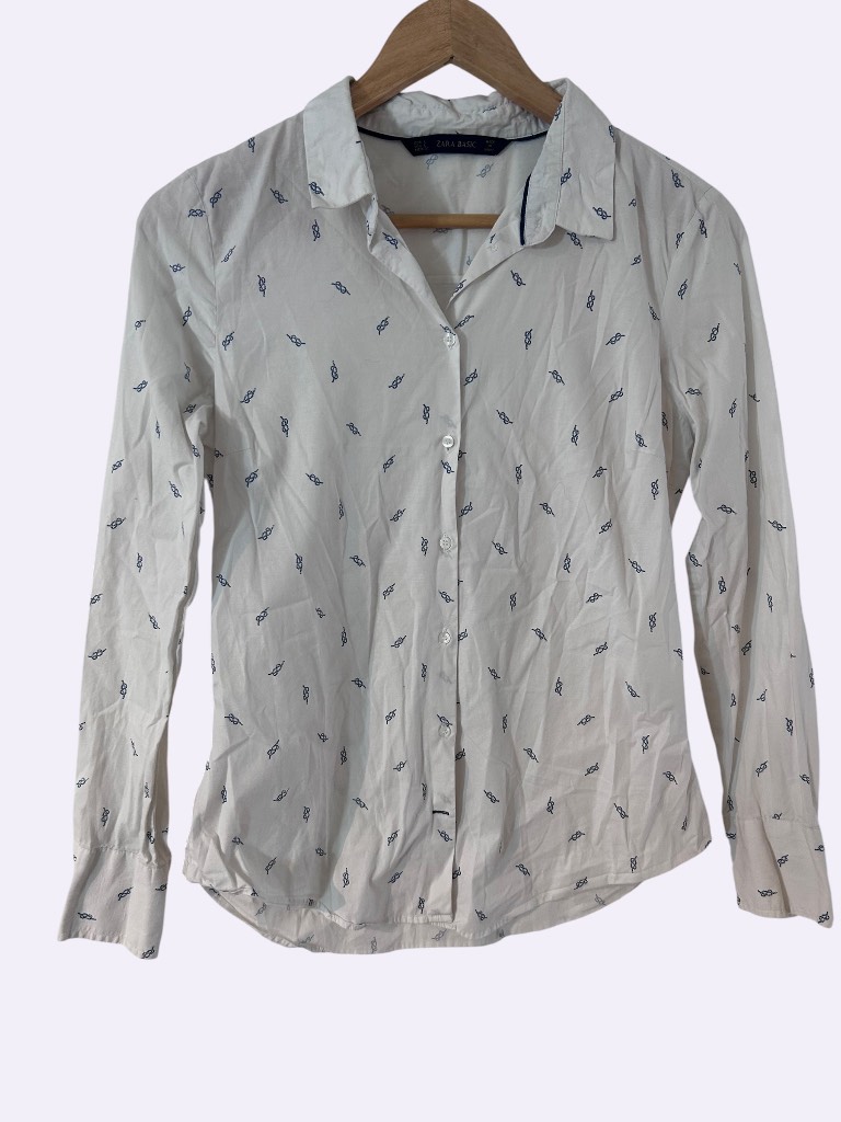 Zara Basic White Cotton Button-Up Shirt with Blue Nautical Rope Knot Print – Size L (10)