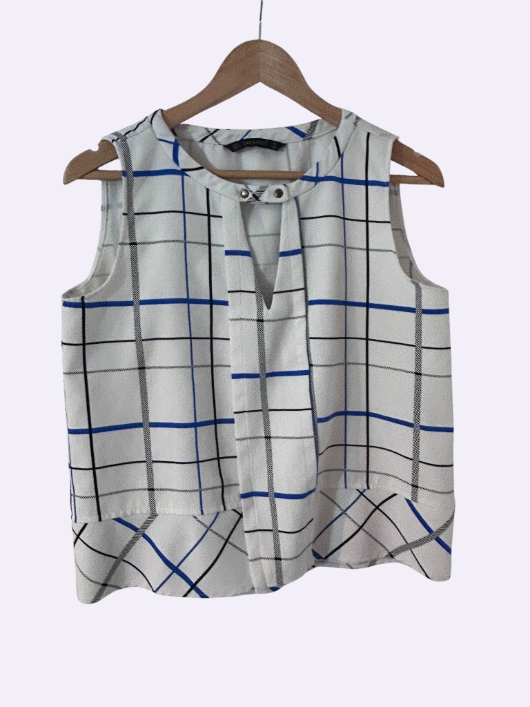 ZARA BASIC White Geometric Plaid Sleeveless Blouse Top - Size L - Fits 10/12