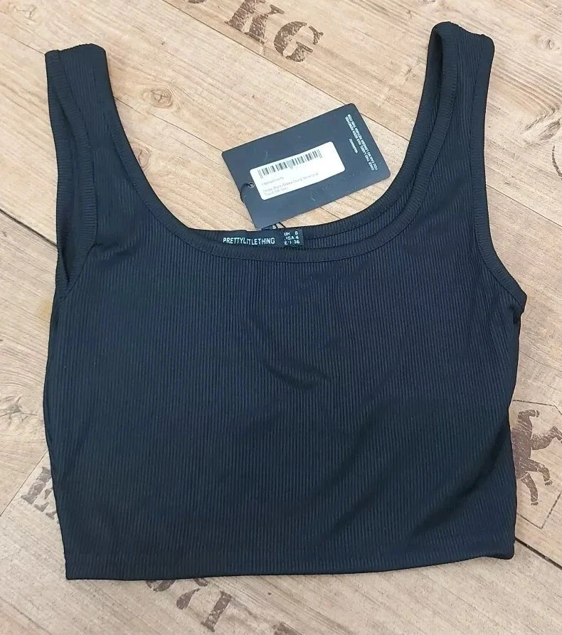 PLT SHAPE BLACK RIBBED SCOOP NECK CROP TOP size 8