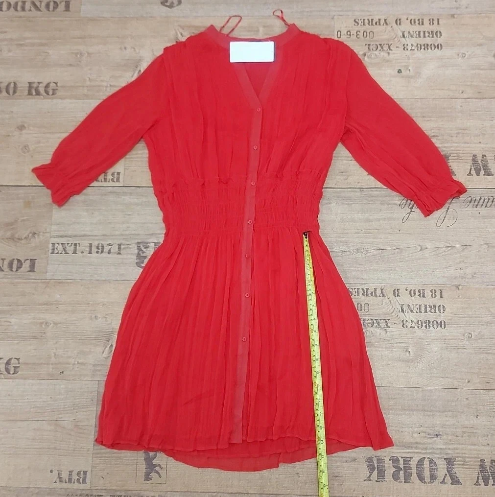 Petite Red V Neck 1/2 Sleeve Button Front Tiered Mini Dress size 12 uk