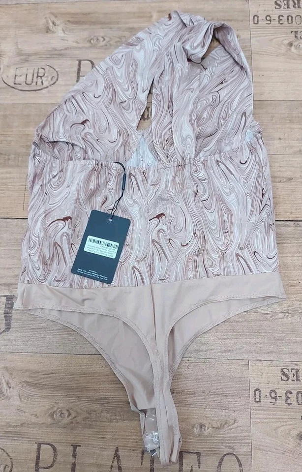 CHOCOLATE ABSTRACT MARBLE WOVEN ONE SHOULDER CUT OUT BODYSUIT size 12 uk