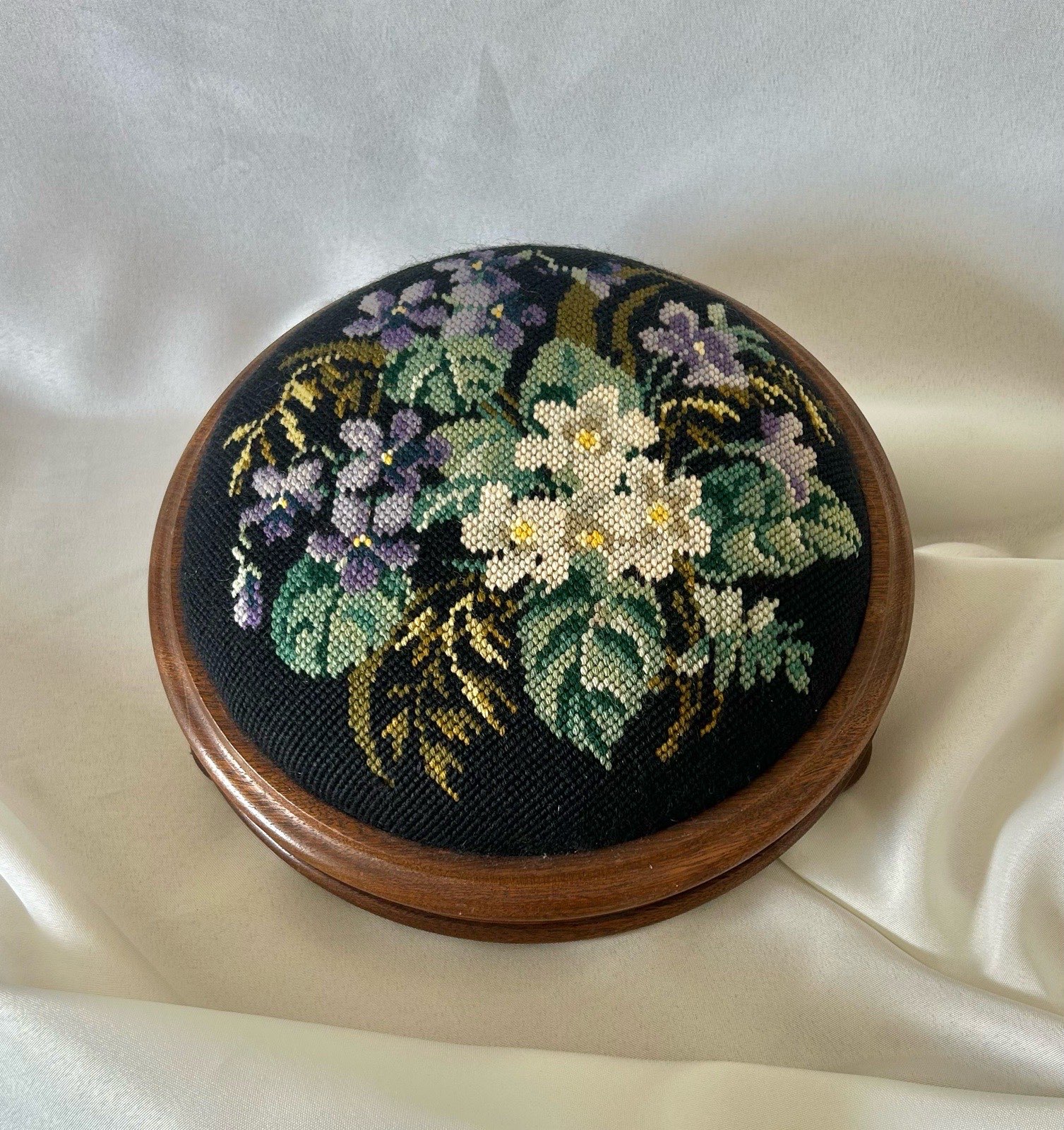 Vintage Round French Teak Wood Tapestry Footstool Marquetry Cottagecore Boho
