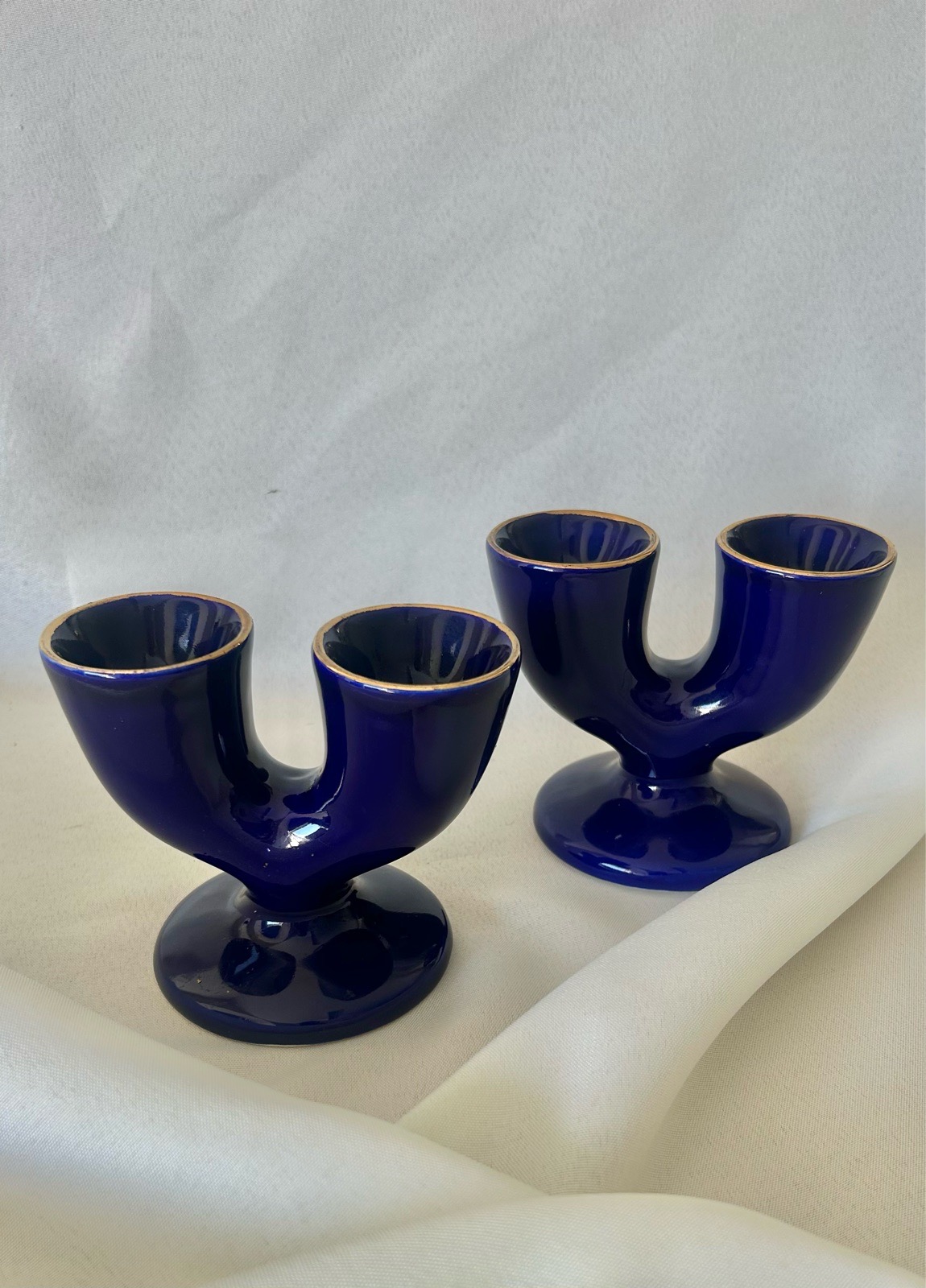 Vintage Ceramic Cobalt Blue Double Egg Cups Pair Gold Rim Mid Century Modern