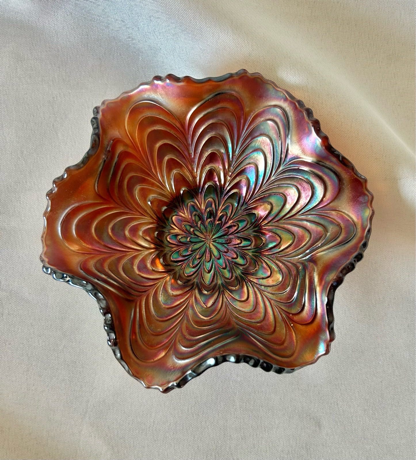 Vintage Fenton Carnival Glass Ruffled Bowl Feathered Arrowhead Amethyst 1920 Art Deco Whimsigoth
