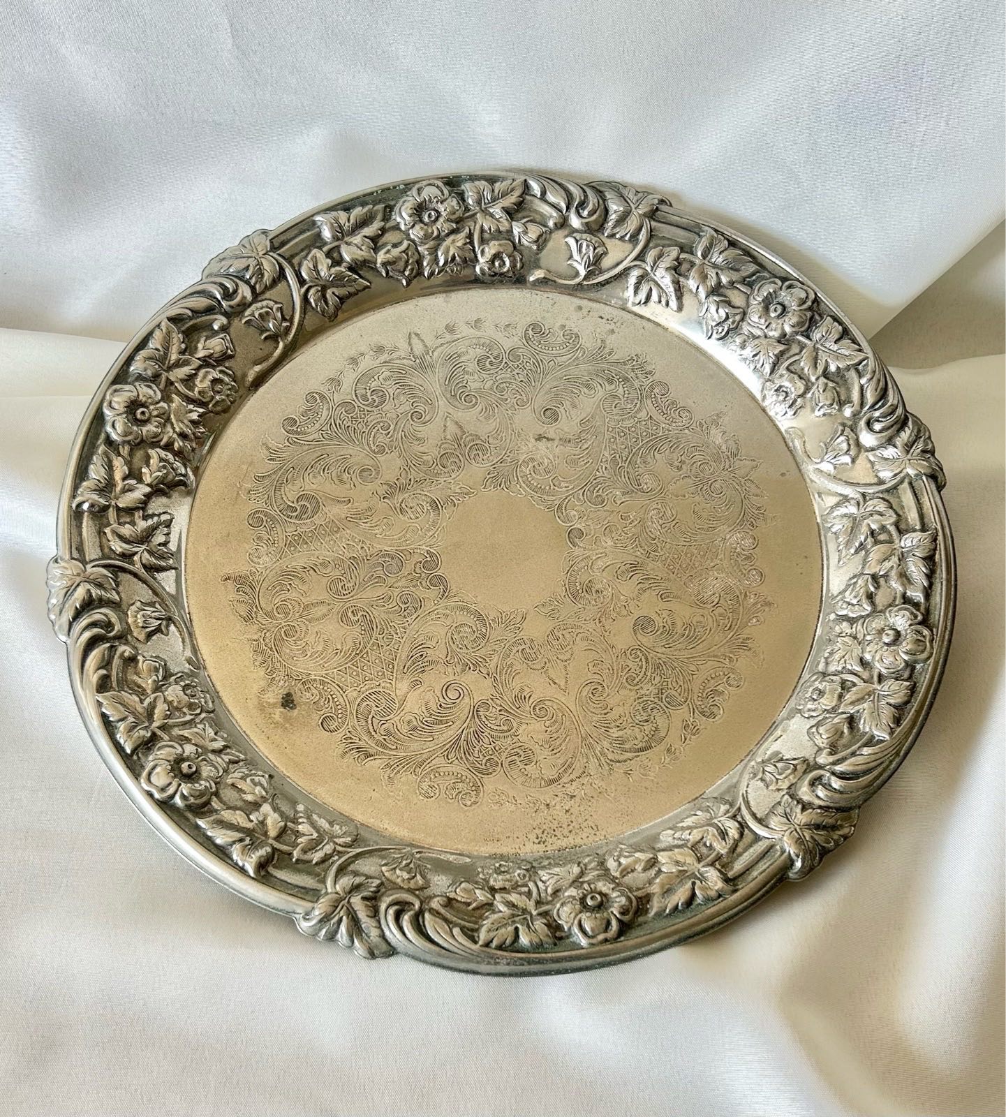 Vintage Floral Etched Serving Platter Silver Plated Brass Round Tray Grandmacore