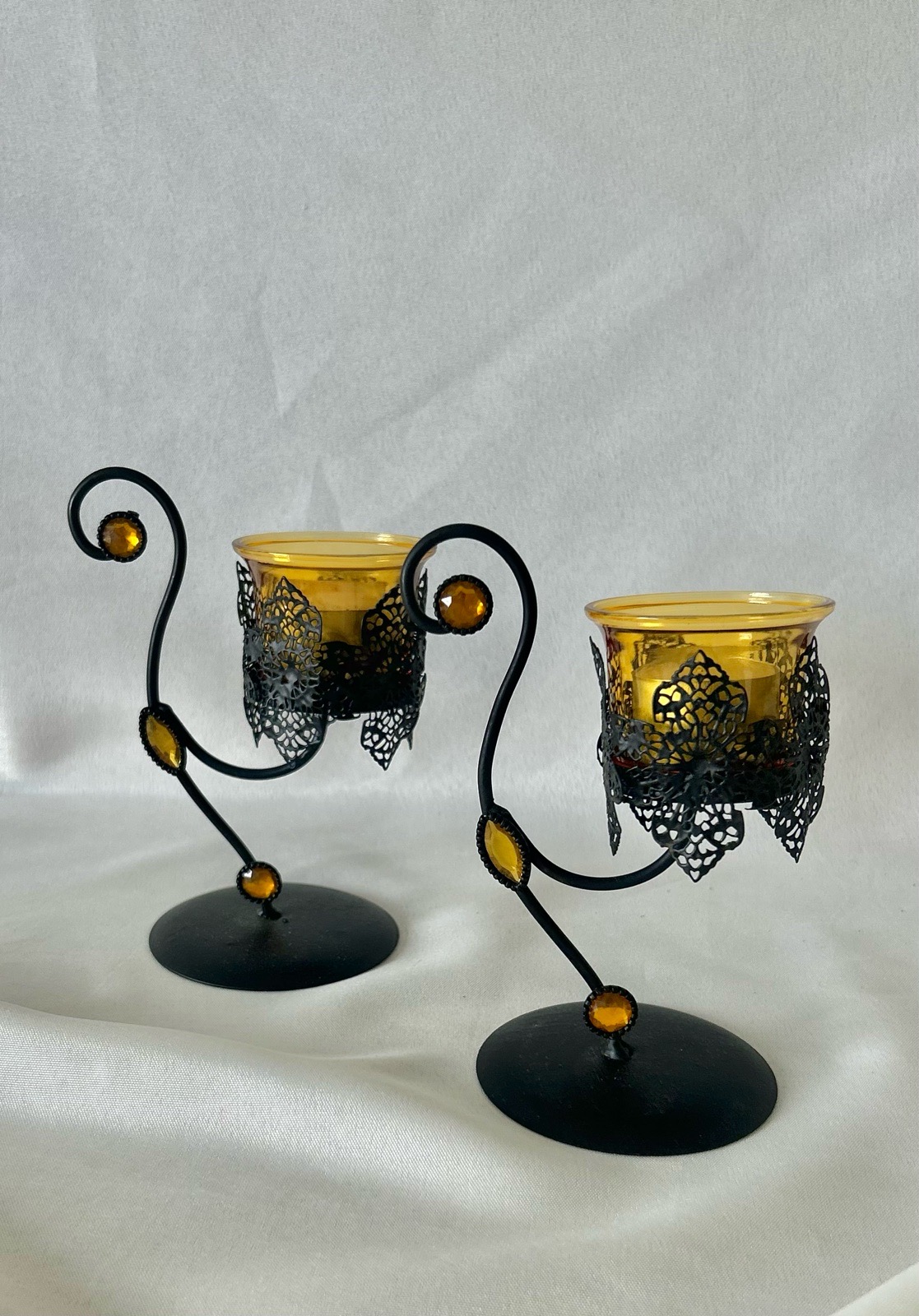 Vintage Amber Glass Filigree Metal Tealight Holder Pair Boxed Y2K Whimsigoth