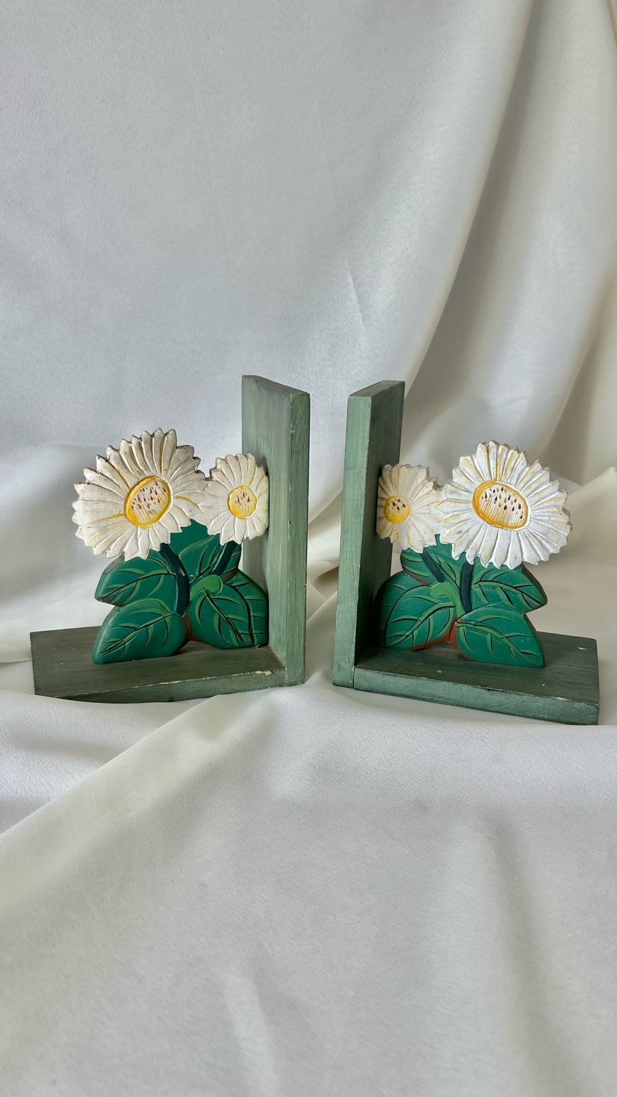 Vintage Hand Carved Wooden Daisy Bookends Pair Country Cottagecore Decor