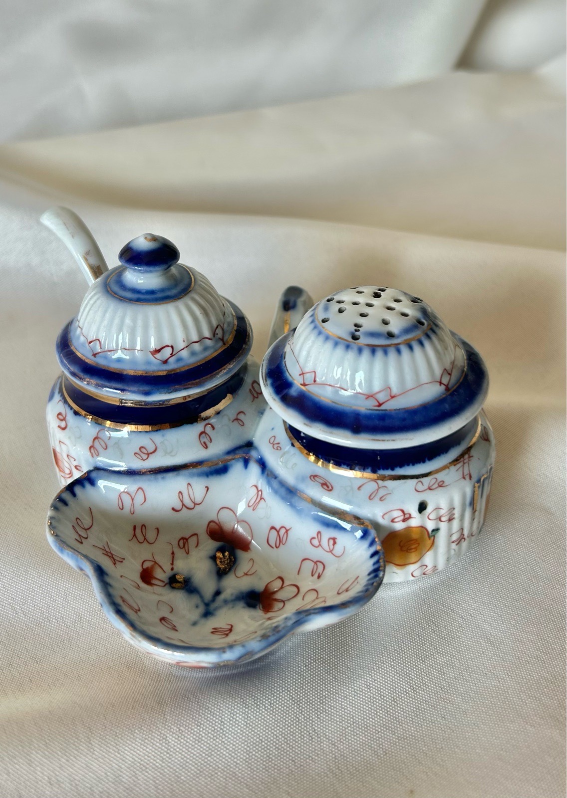 Vintage Imari Porcelain Condiment Cruet Set Salt Pepper Mustard Pot Cottagecore