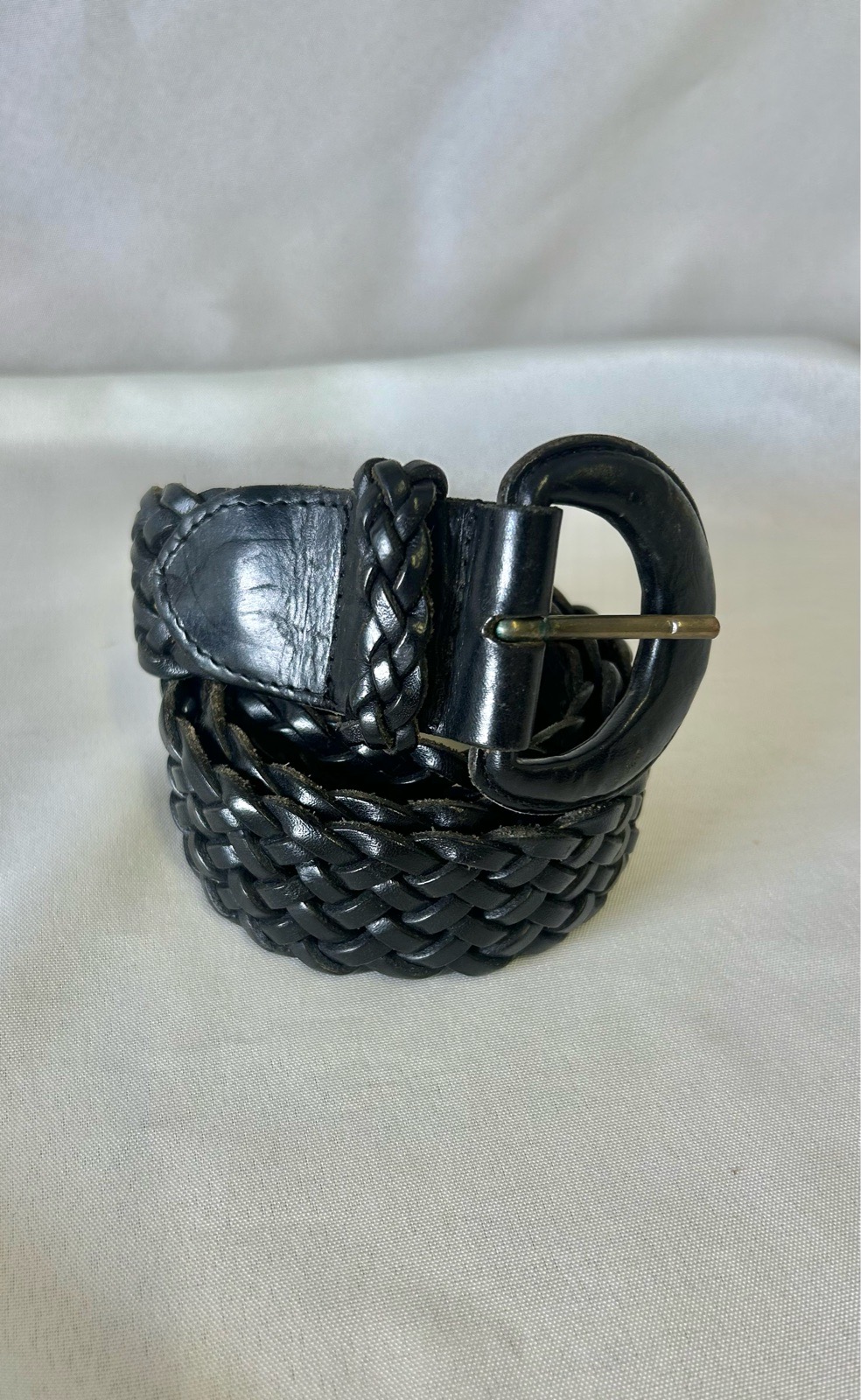 Vintage Black Woven Plaited Leather Belt Horseshoe Buckle 32" Dark Academia Boho
