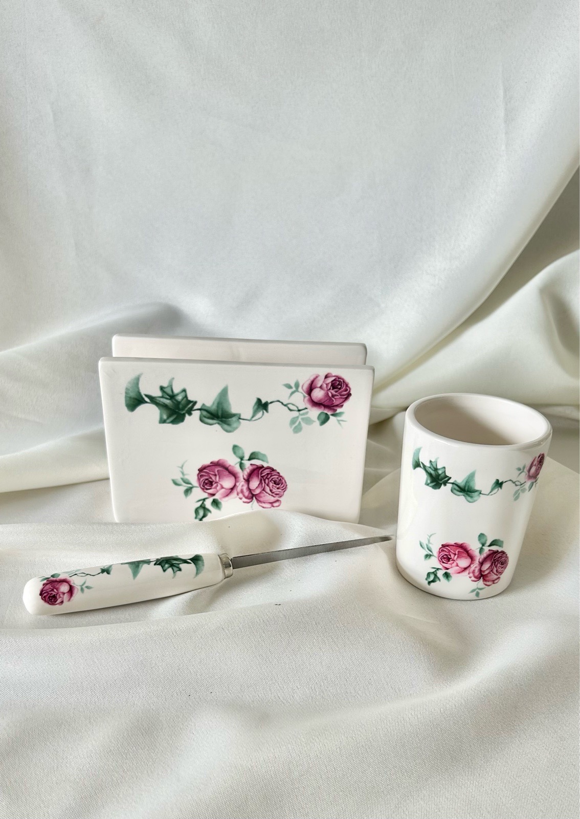 Vintage Ceramic Rose Desk Set Letter Rack Pen Holder Letter Opener Cottagecore