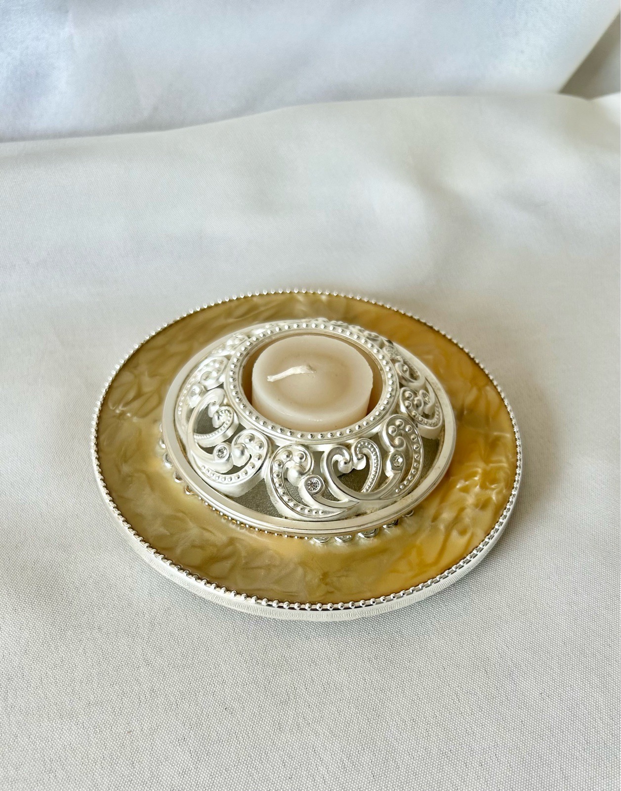 Vintage Silver Tealight Holder Faux Amber Resin Base Two Piece Set Y2K Glam