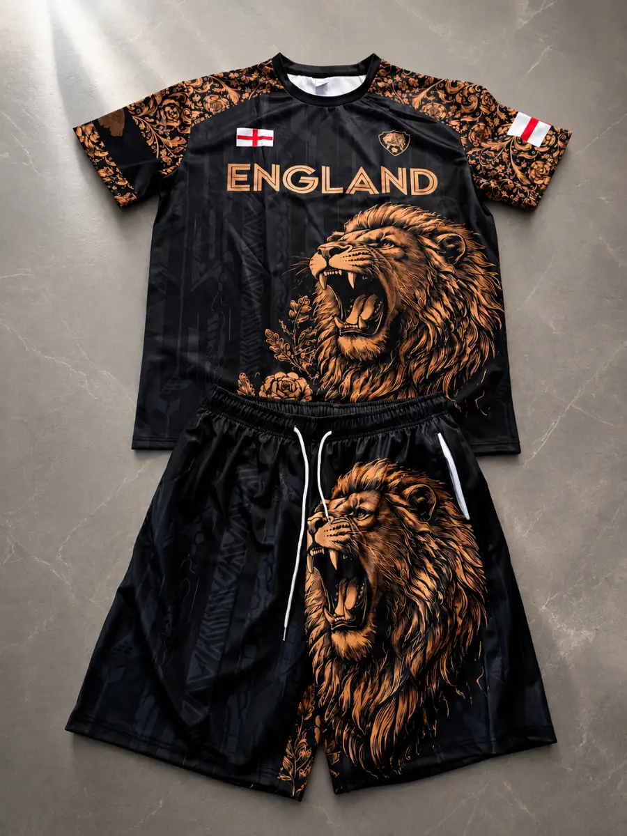 Gold Lion Engraving England Theme Print Men's Short Sleeve Drawstring Shorts Set. Size XXL