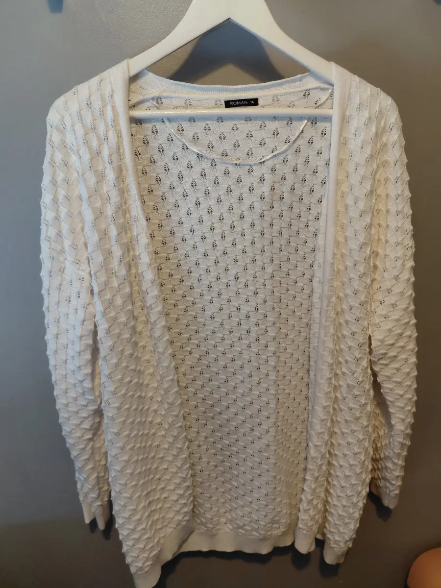 White roman pointelle long cardigan pretty  uk 14 summer