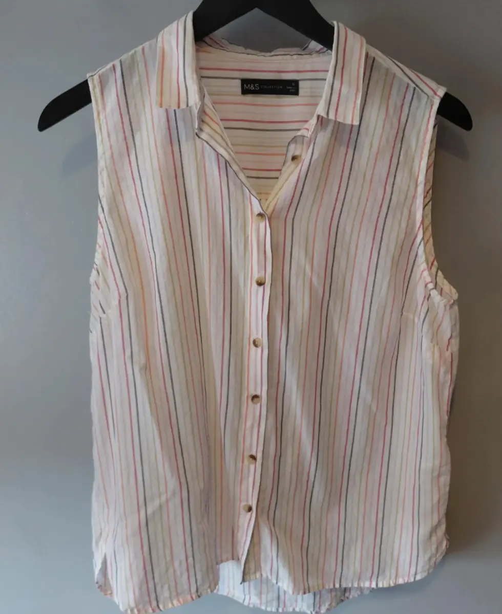 M&s collection sleeveless shirt blouse Pinstripe uk 12 colourful 100% cotton
