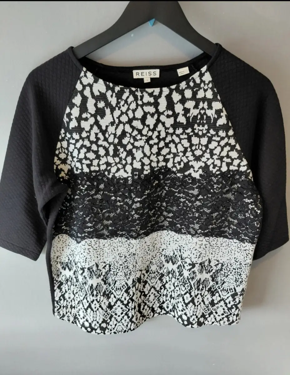 Reiss black cotton polyester small work tailoring Melinda waffle back top small animal print
