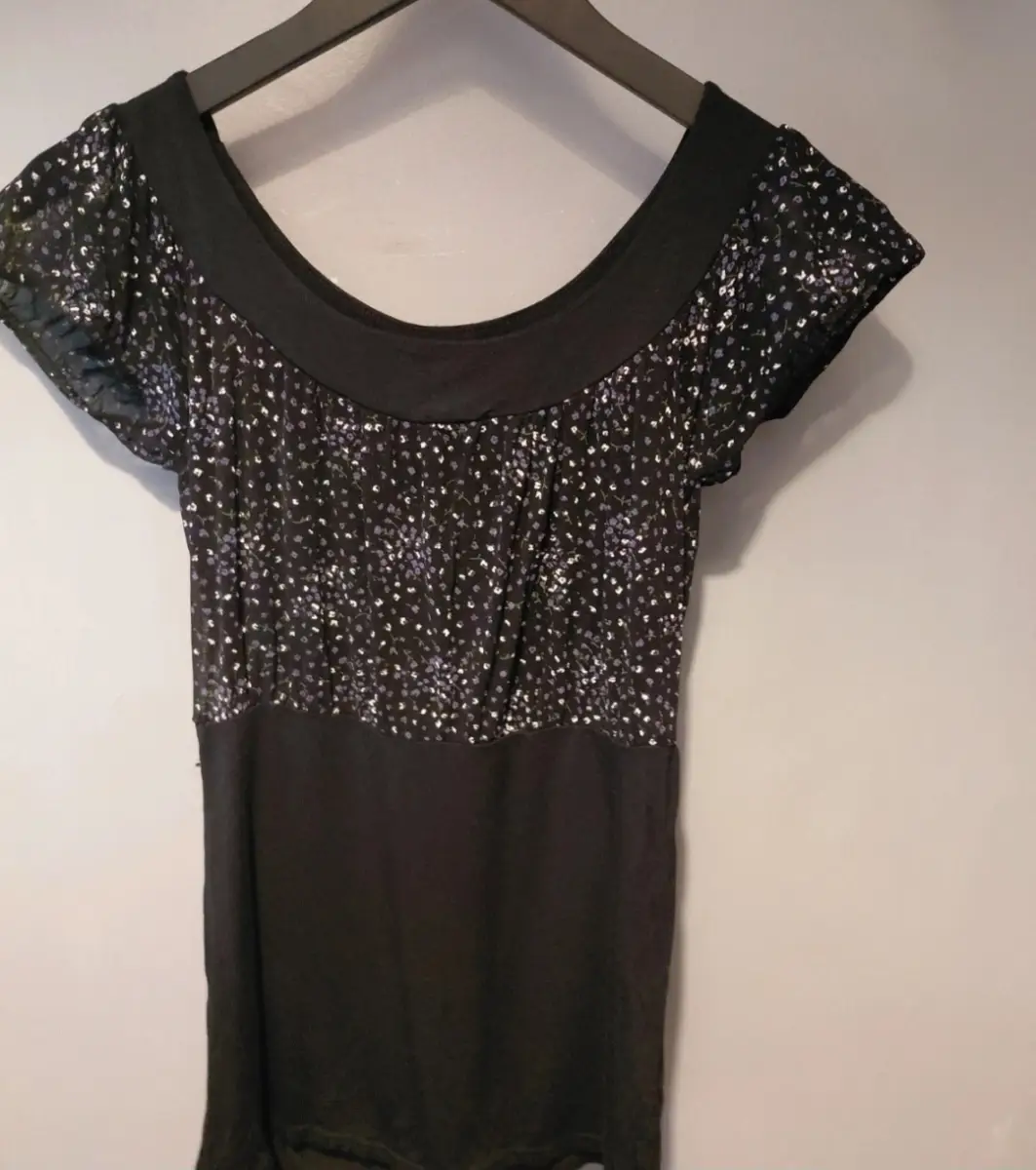Mk one y2k milkmaid top tshirt  uk 12 black purple ditsy