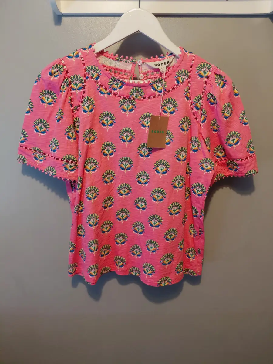 Boden uk 8 Mila Trim Detail Top rrp £42 pink pretty patterned new with tags