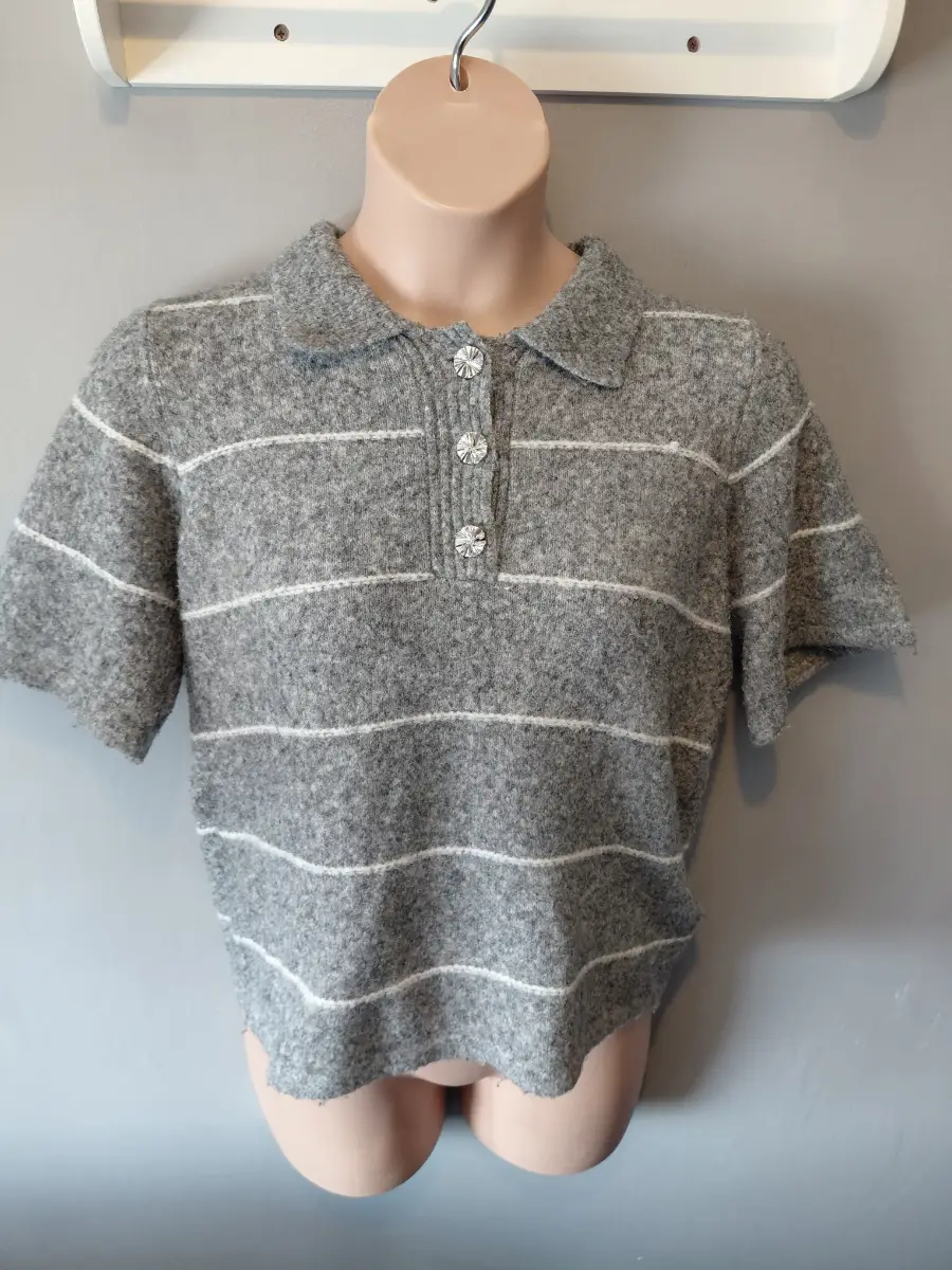 Fransa grey knit polo shirt silver buttons  with wool medium
