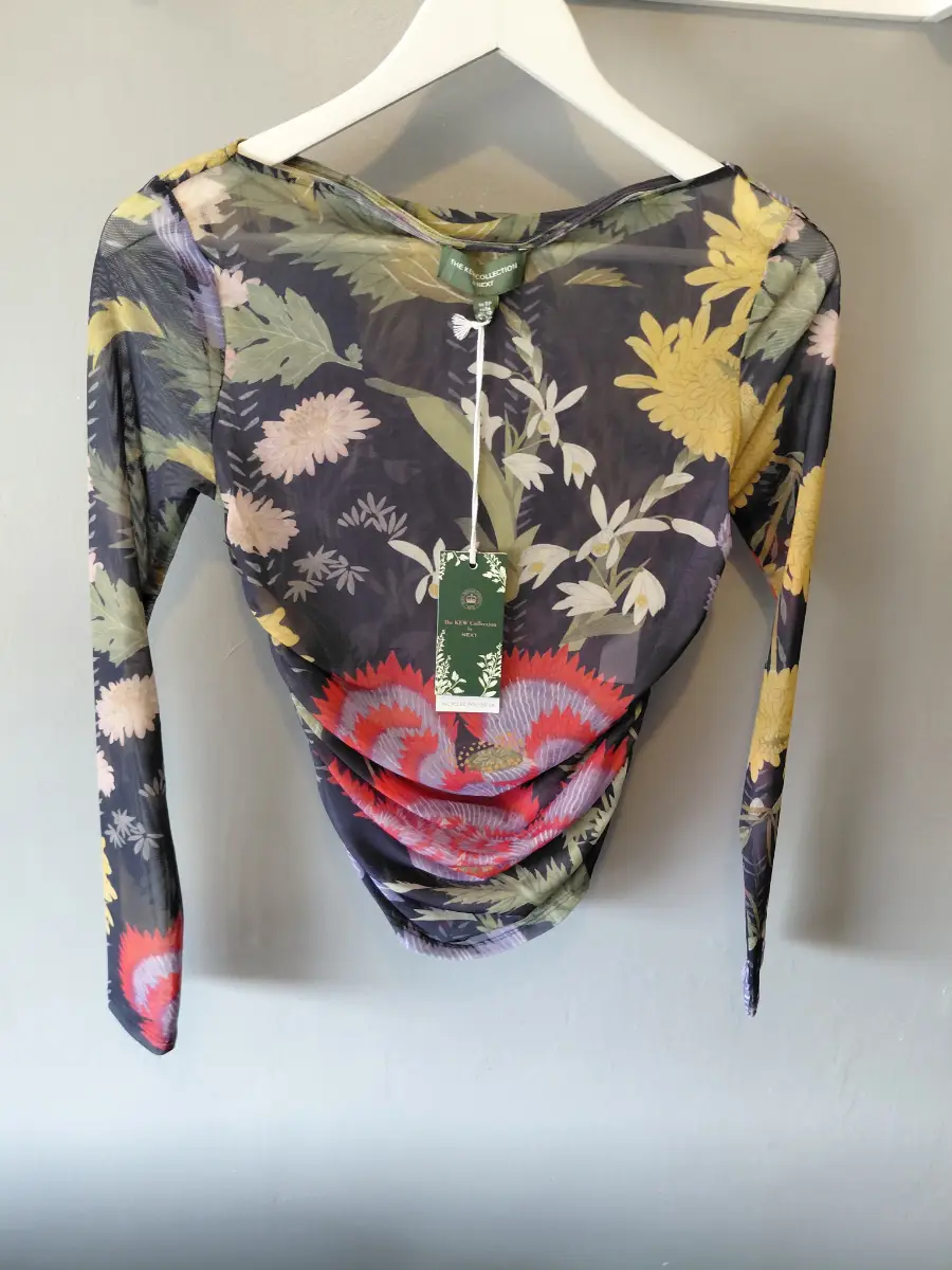 Kew Collection Bnwt New  Floral Print Long Sleeve Ruched  Mesh Top 8 Petite