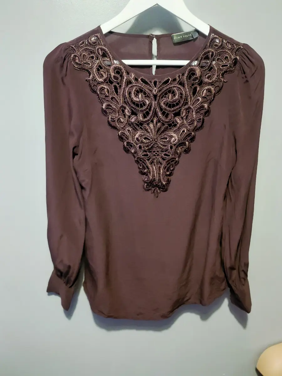 Purple burgandy Mint Velvet top pure silk lace uk 10  embroidery