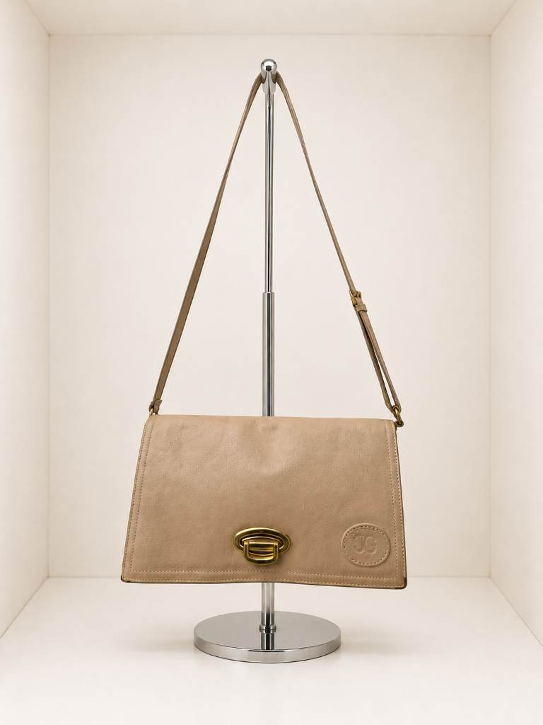Ca-Gi Vintage Beige Leather Crossbody Bag Gold Clasp Shoulder Handbag