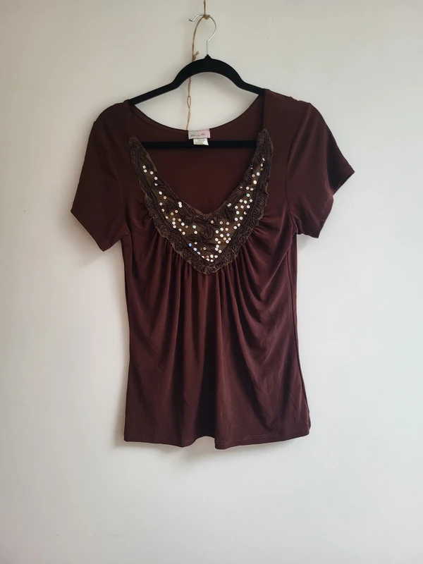 y2k vintage yoo n me brown sequined and embroidered brown top