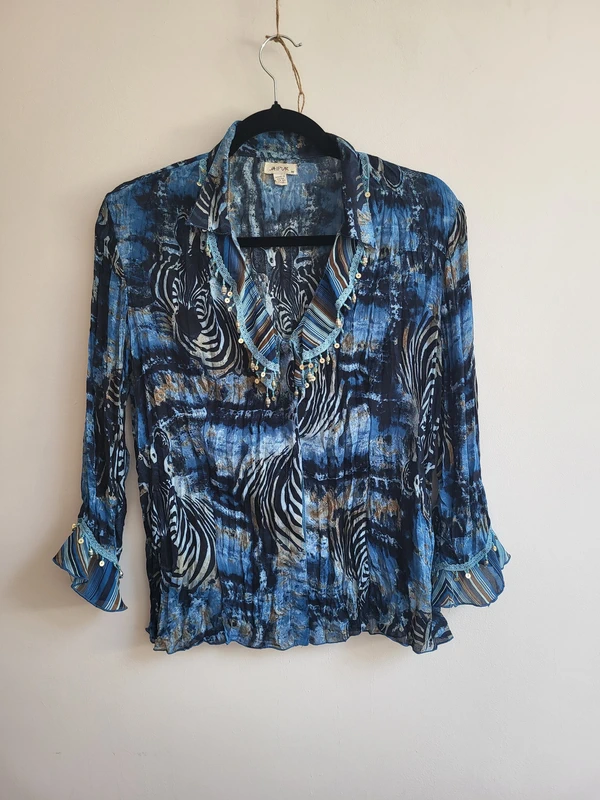jaipur blue zebra print sheer blouse top with ornamentation