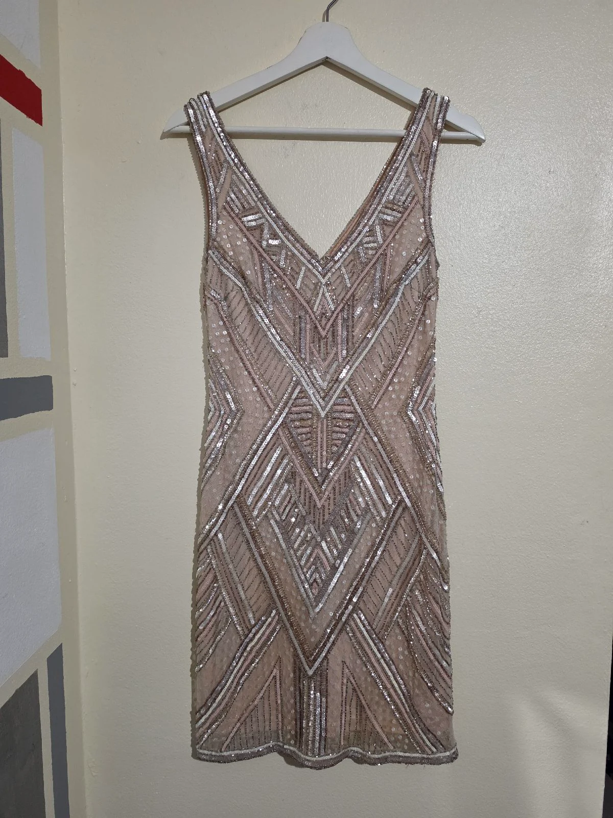B7. Womens size 8 Frock & Frill beige sleevless vneck dress, gold & silver beads allover, VGC