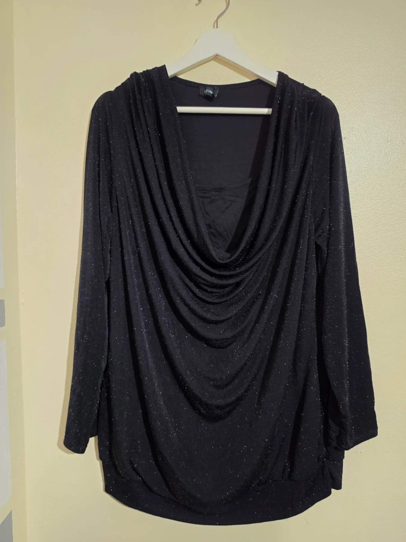 15. Womens size 18 Blue Vanilla black shimmery long sleeved blouse, draped neckline, GC