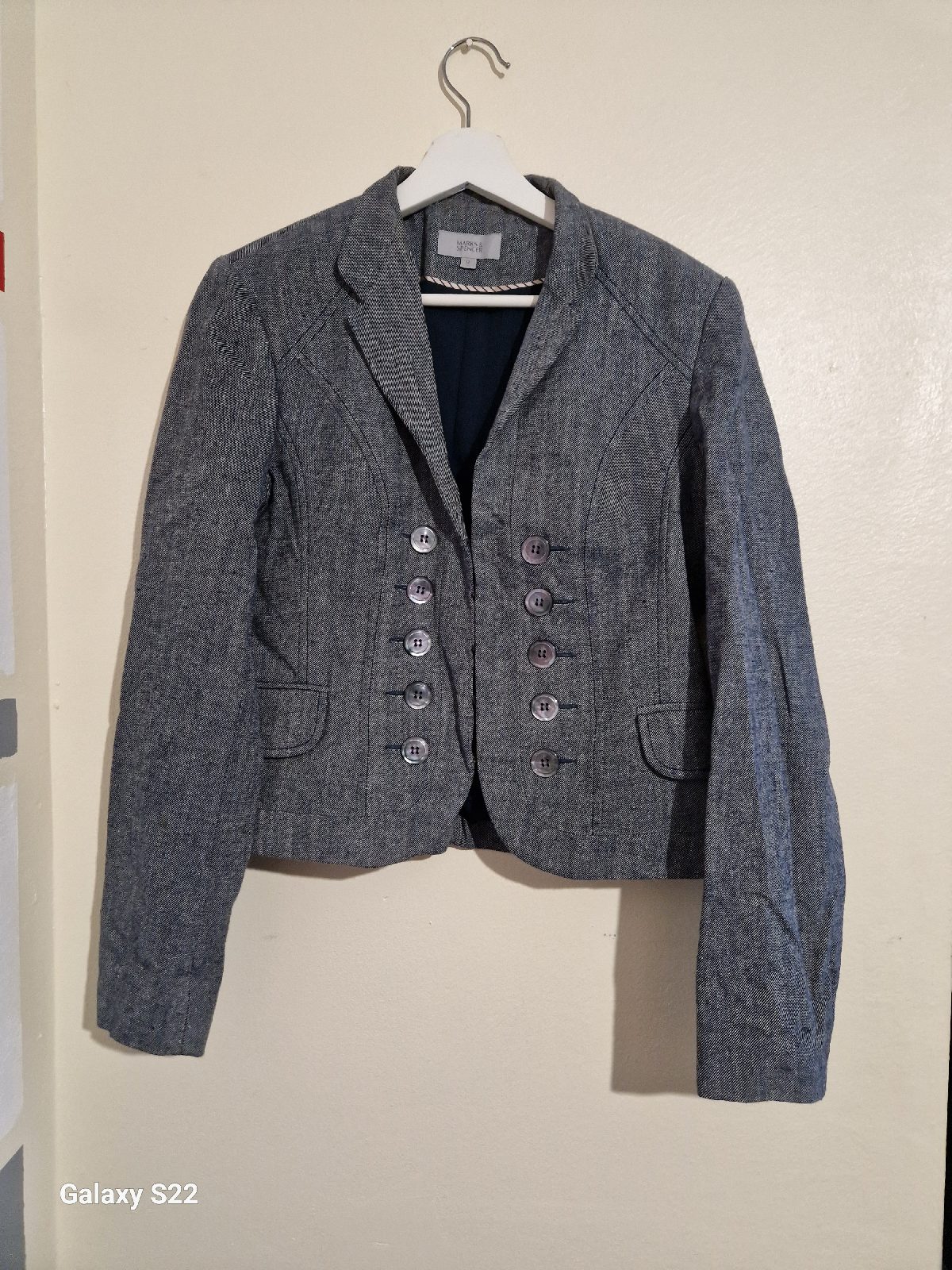 R. Womens size 12 M&S light grey blazer, metal hook closure, decorative buttons, GC (See description