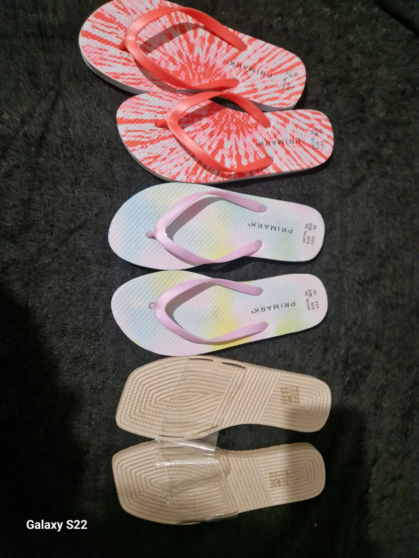 Womens size 3/4 Bundle of 3 Primark flip-flops, red tie dye, lilac & blue, clear, VGC
