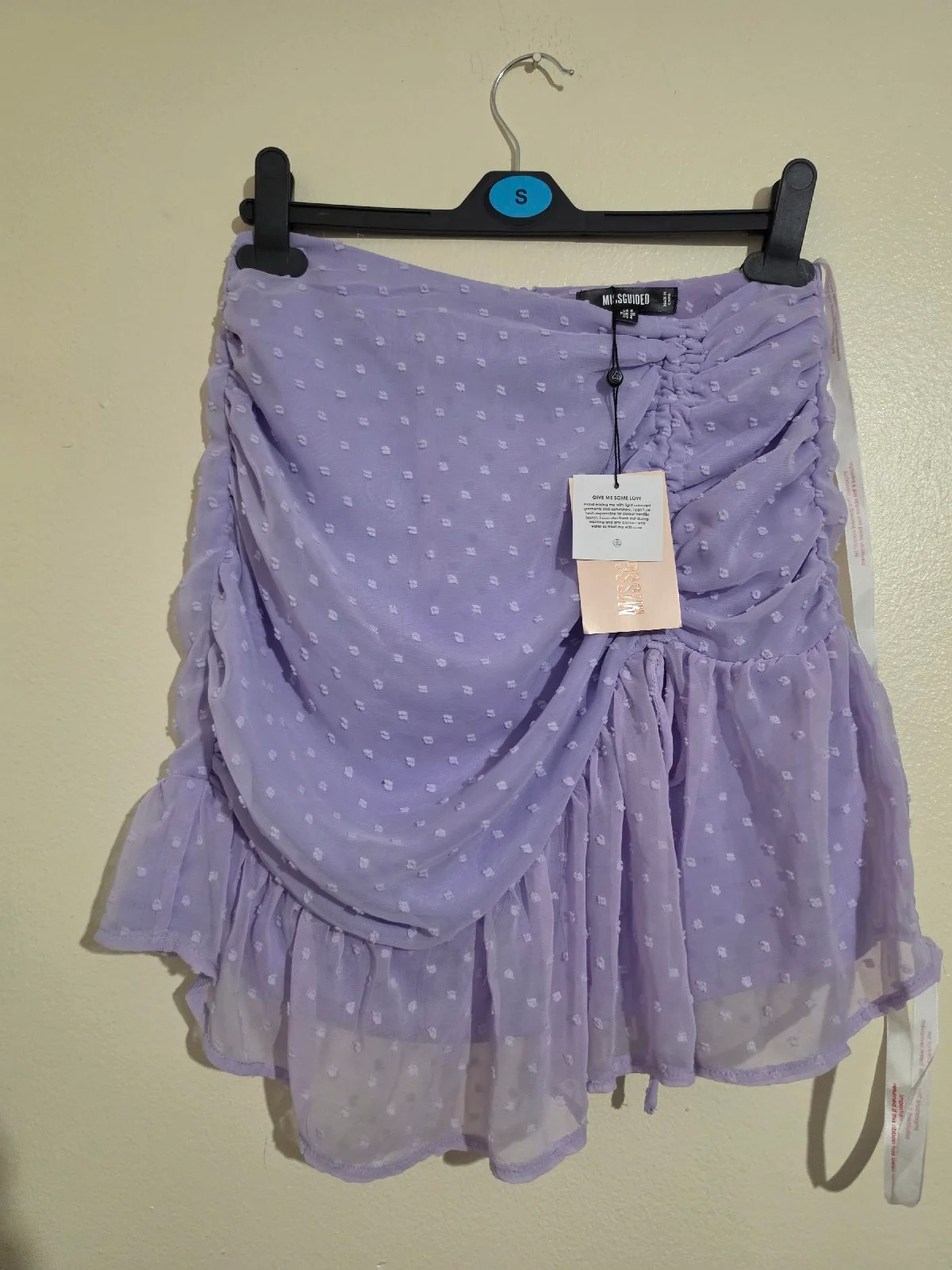 B7. Womens size 8 Missguided lilac sheer ruched frilly mini skirt, NWT