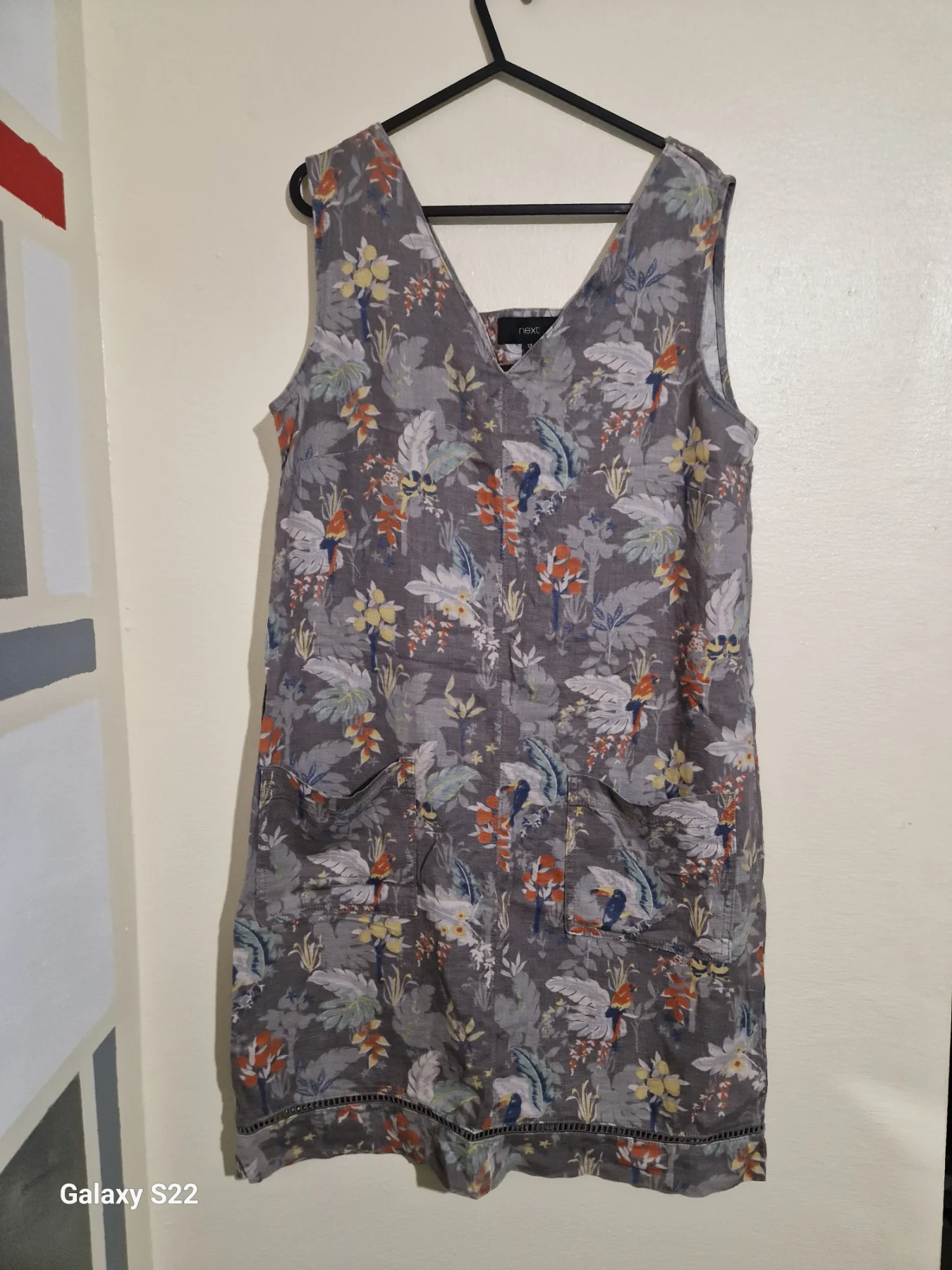R. Womens size 12 Next grey botanical sleeveless linen blend vneck dress, VGC
