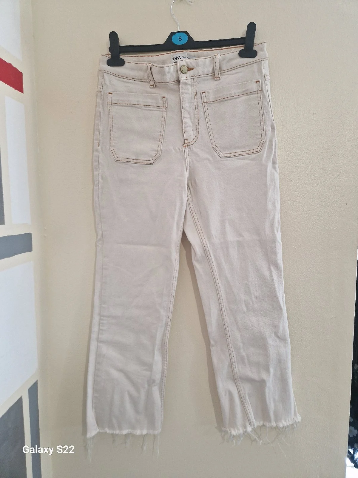 J. Womens size 14 (small made) Zara white denim straight leg jeans, frayed edges, VGC