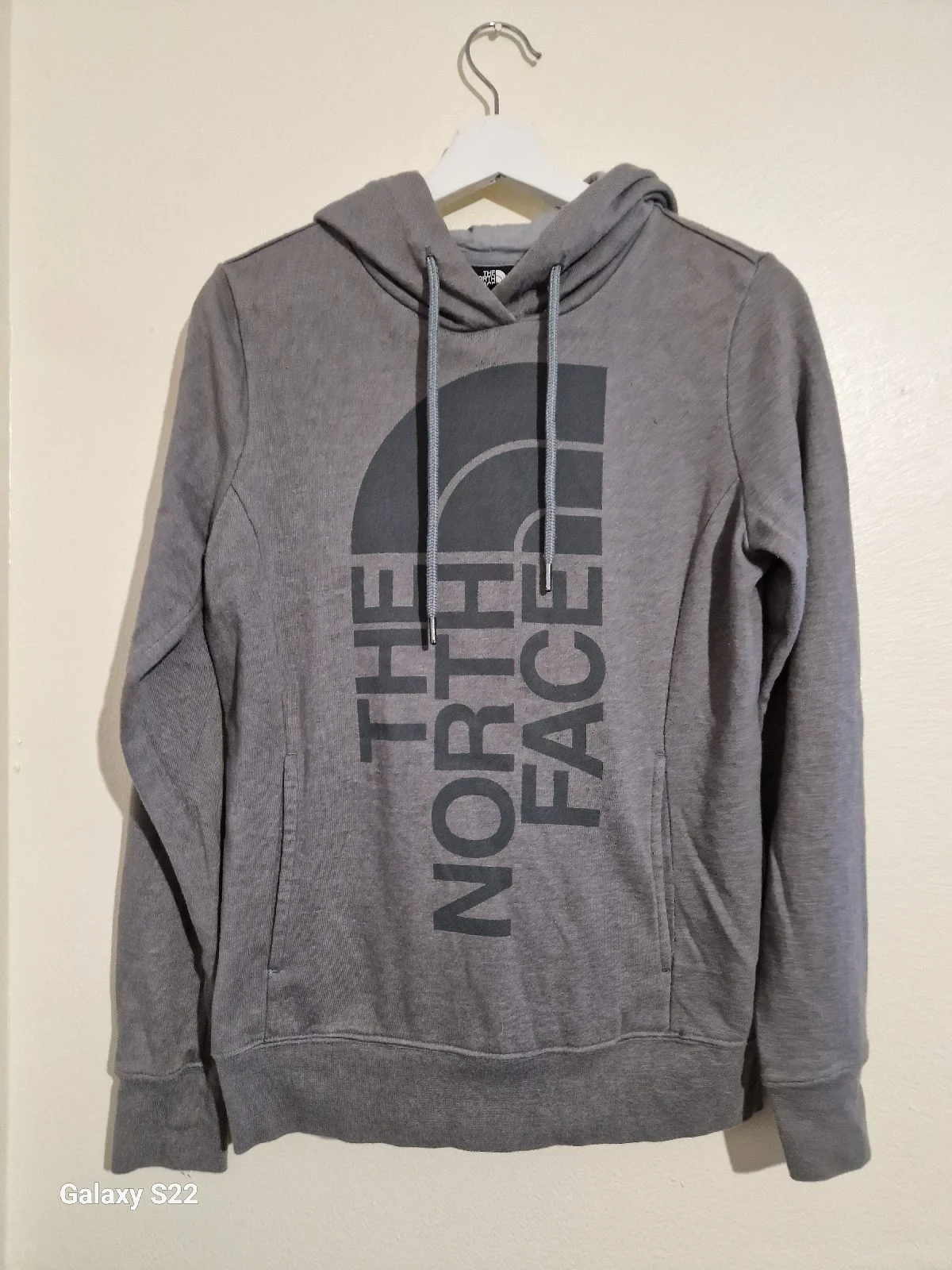 Womens Small The North Face light grey hooded jumper, large logo on front, VGC