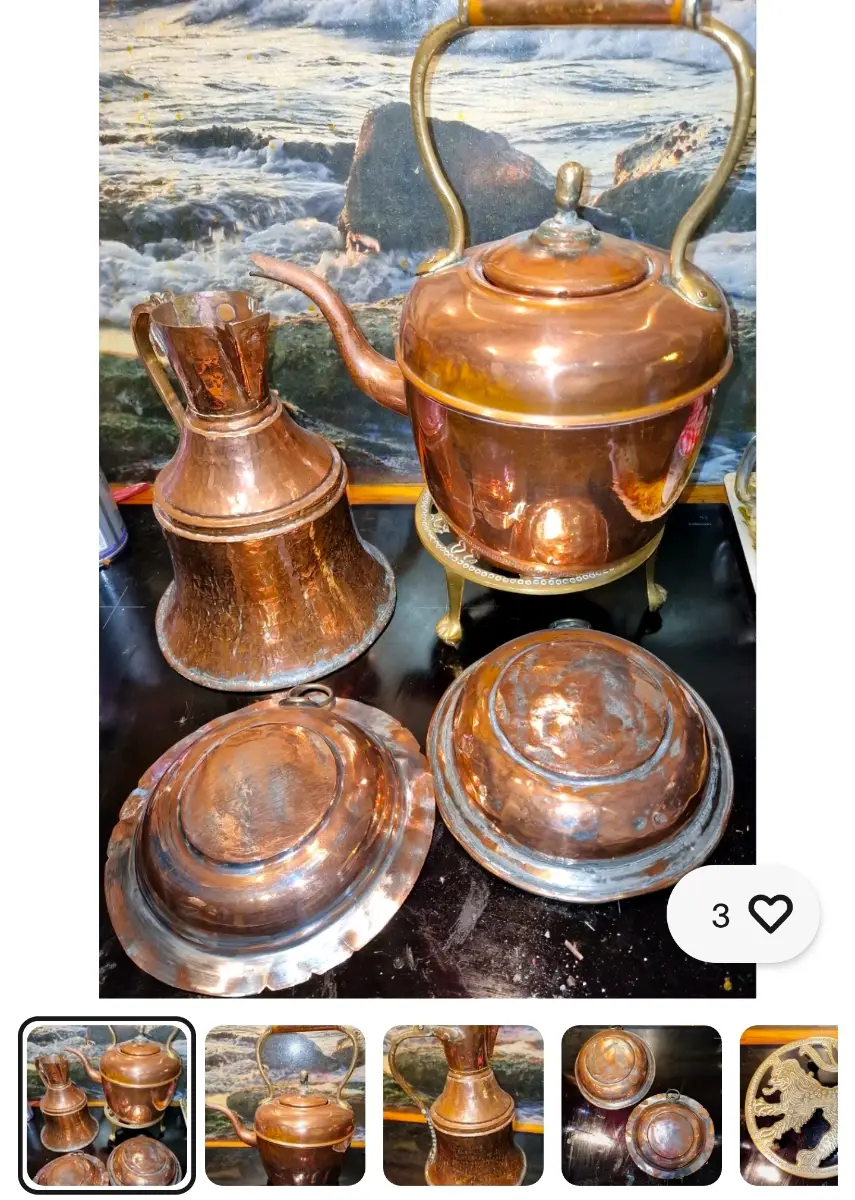 Copper and Brass Collection, Large Kettle, Carafe Jug, Wall Bowls, Brass Trivet