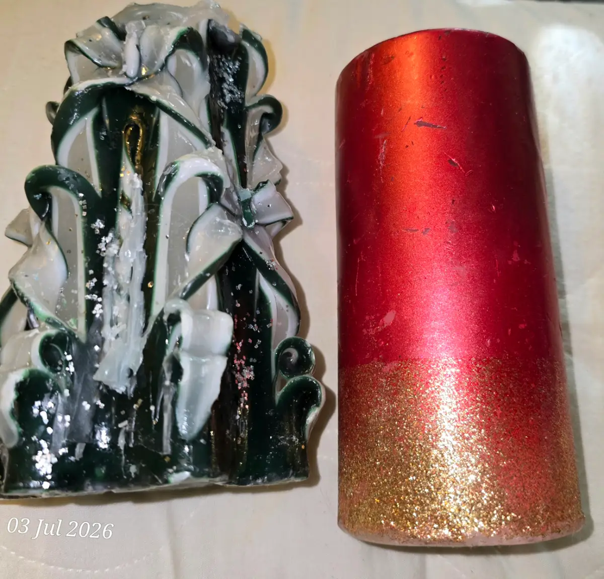 2 x Large decorative candles, both in used condition