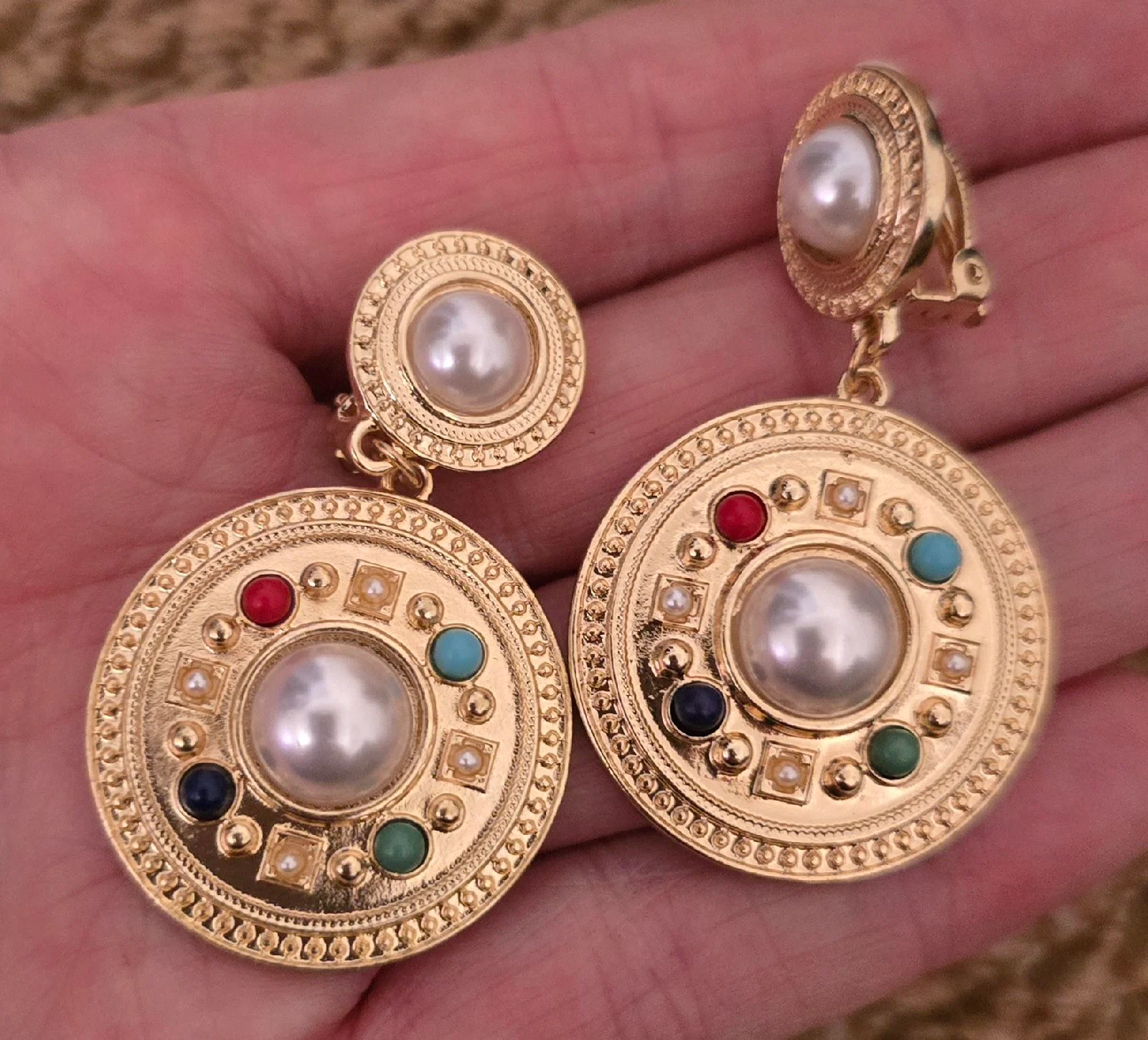 Stunning Gold Tone Multi Gem Clip on Earrings