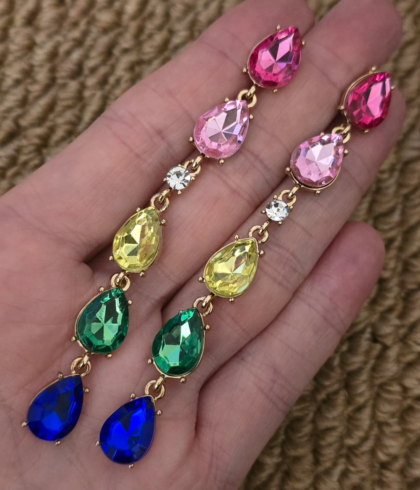 Gold & Multi Gem Long Earrings.