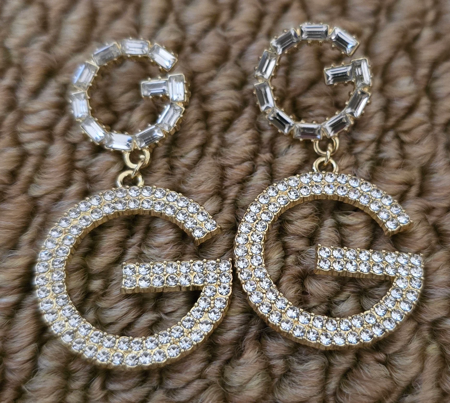 Stunning G Shaped Diamonte Detail Gold Tone Earrings.
